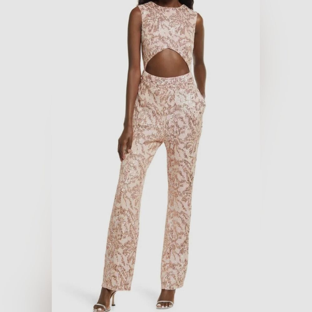 SHO Rose Mist Sparkle Sequin Front Cutout Taylor Swift Eras Glam Sexy Jumpsuit